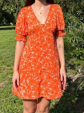 Orange Floral V-Neck Puff Sleeve Dress